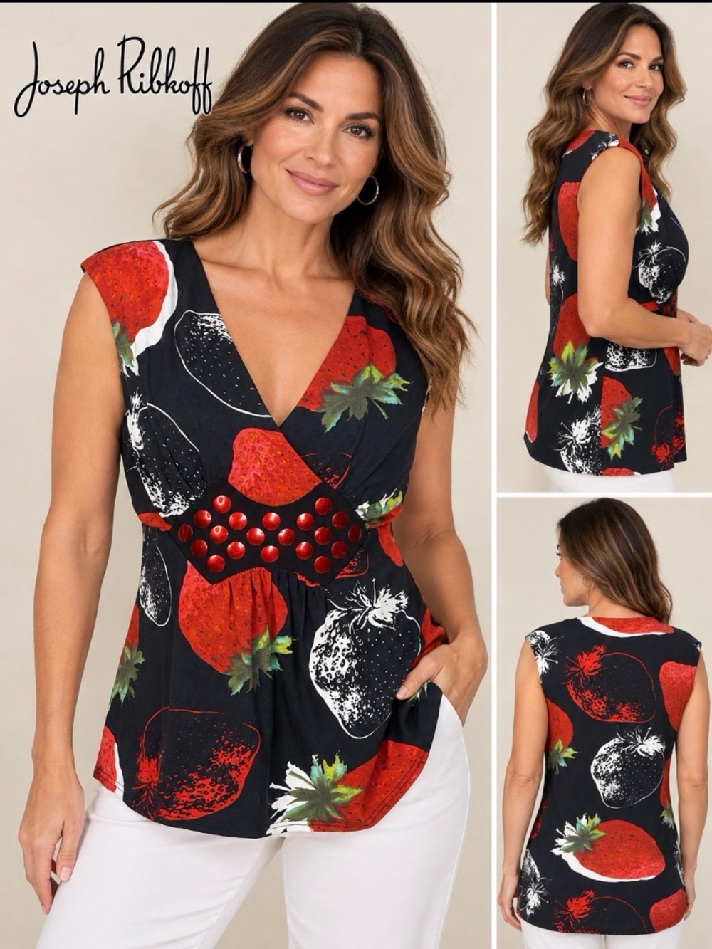 Joseph Ribkoff Strawberry Print Embellished Sleeveless Top Size 16